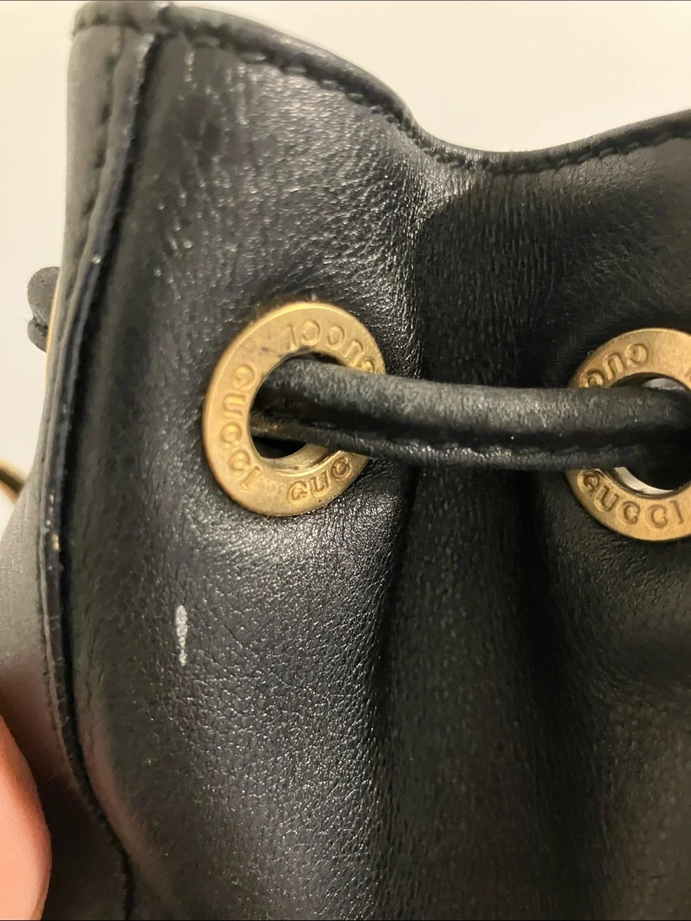 Gucci Black Leather Drawstring Bucket Bag with Bamboo Handle